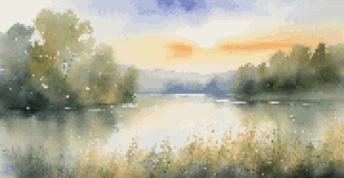 A peaceful lake scene with green trees and colorful wildflowers, illuminated by the morning sun.