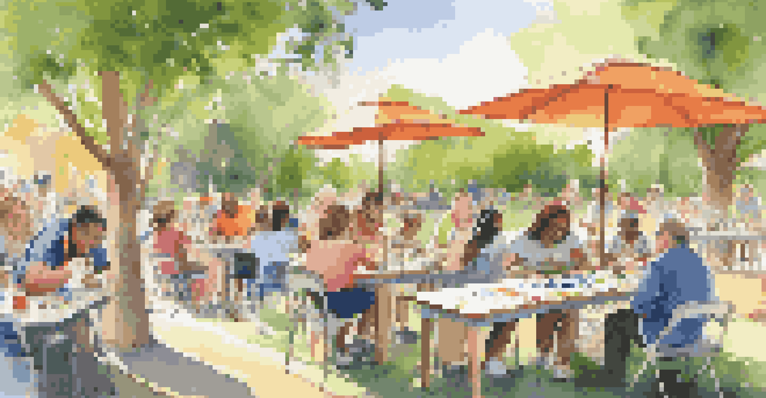 A lively outdoor art workshop in a park with children and adults creating art together under the sun.