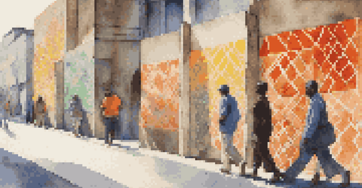 A concrete wall adorned with bright stenciled artworks and geometric patterns, with people admiring the art.