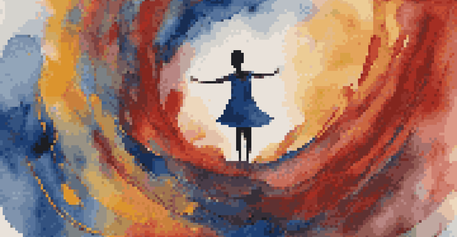 An abstract image with swirling colors and textures representing a spectrum of emotions, featuring a silhouette of a person.