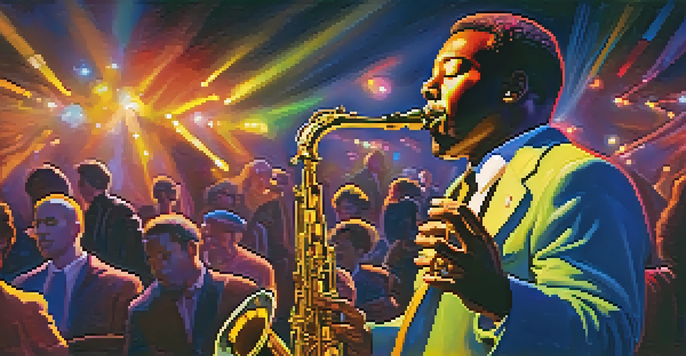A jazz musician playing the saxophone on stage surrounded by colorful lights while the audience watches in awe.
