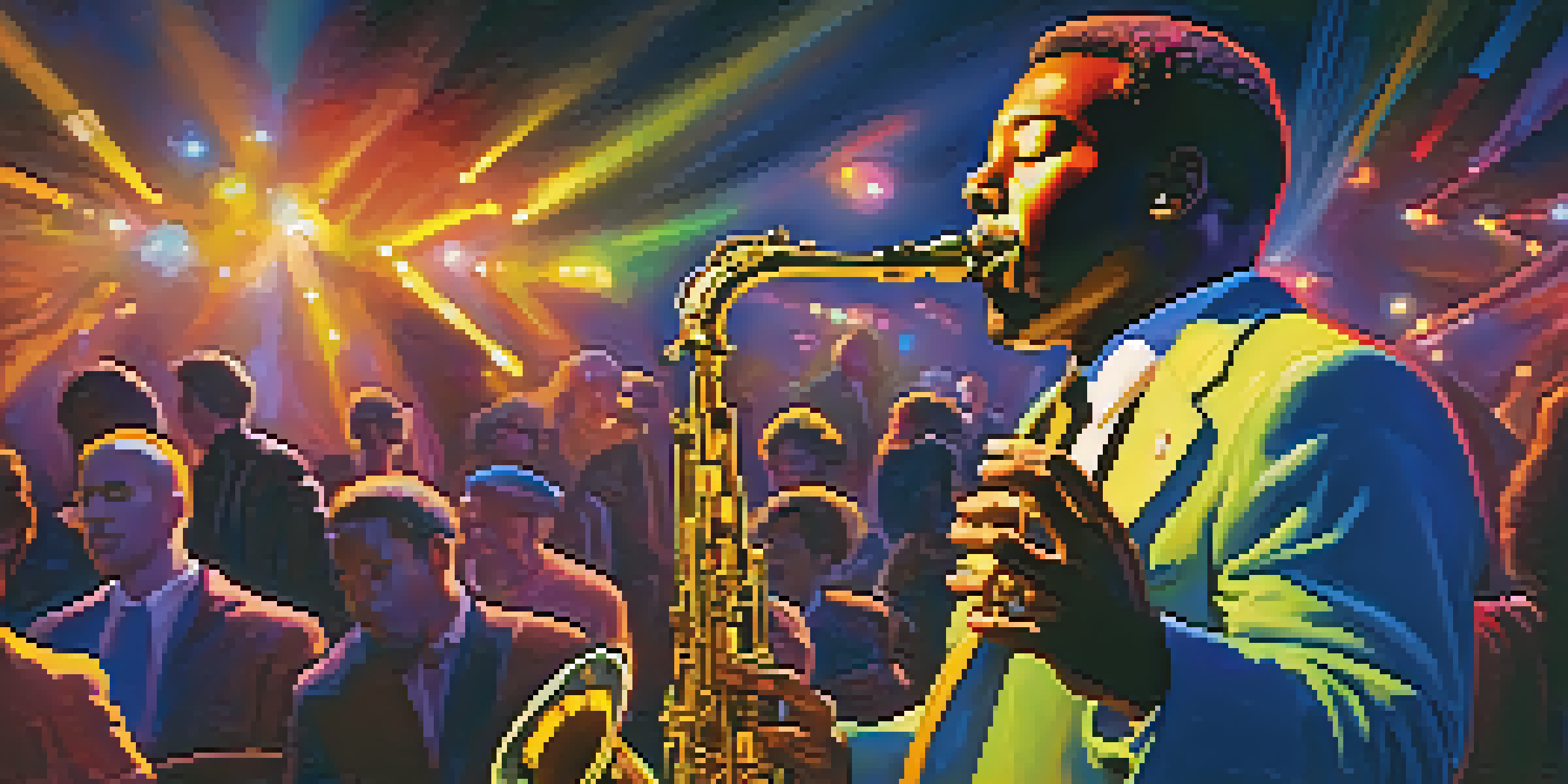 A jazz musician playing the saxophone on stage surrounded by colorful lights while the audience watches in awe.
