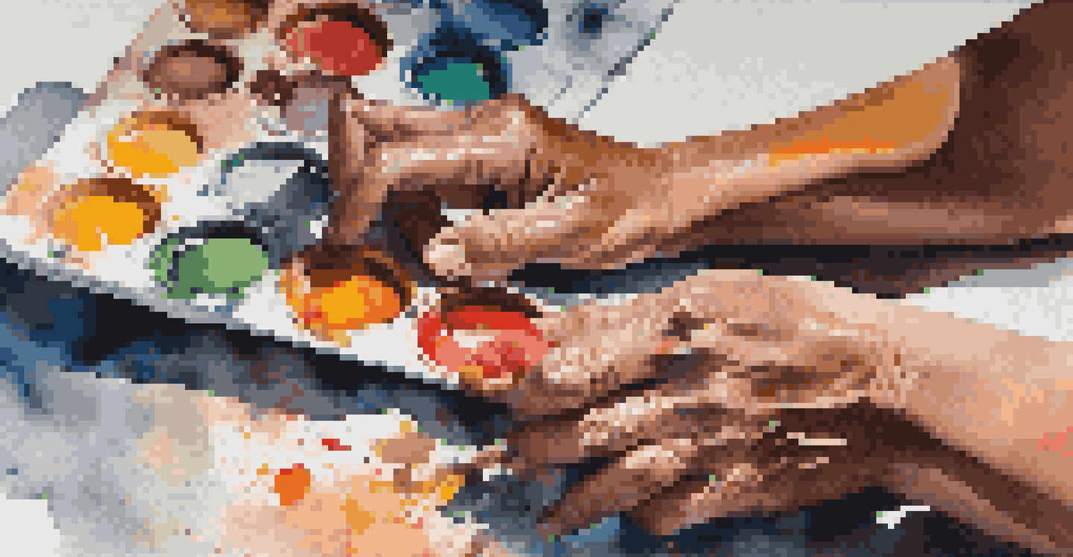 Close-up of hands mixing colorful paints on a palette with a blank canvas in the background.