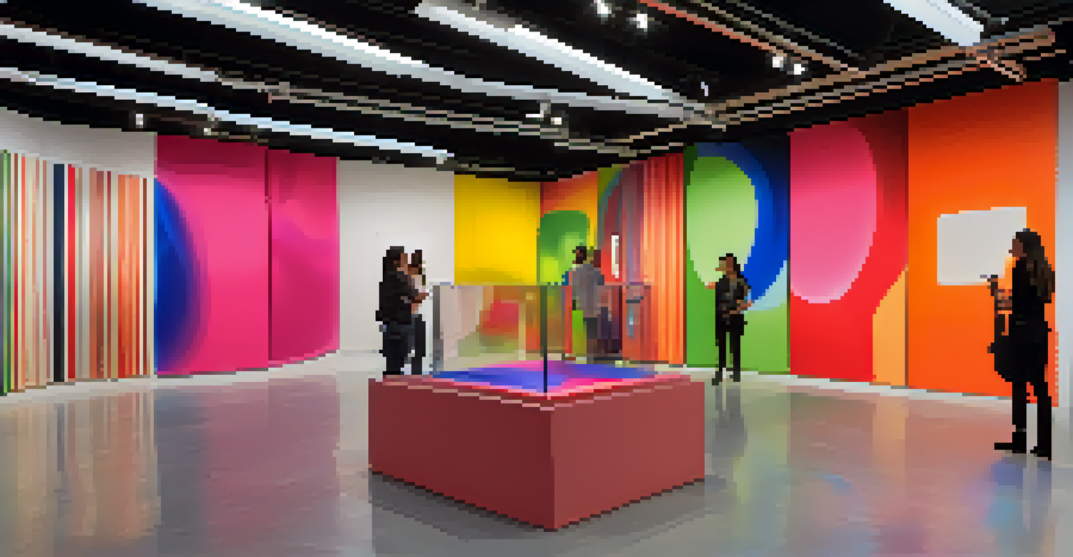 A modern art gallery featuring an interactive installation where visual displays change with sound created by visitors, showcasing vibrant colors.