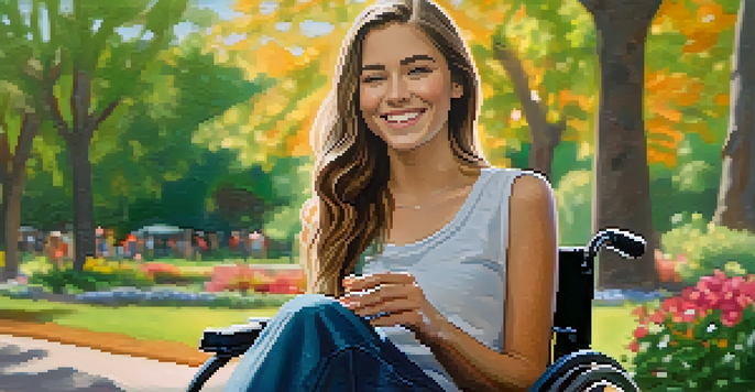 A young woman in a wheelchair smiles while holding a camera in a sunny park filled with flowers and trees.