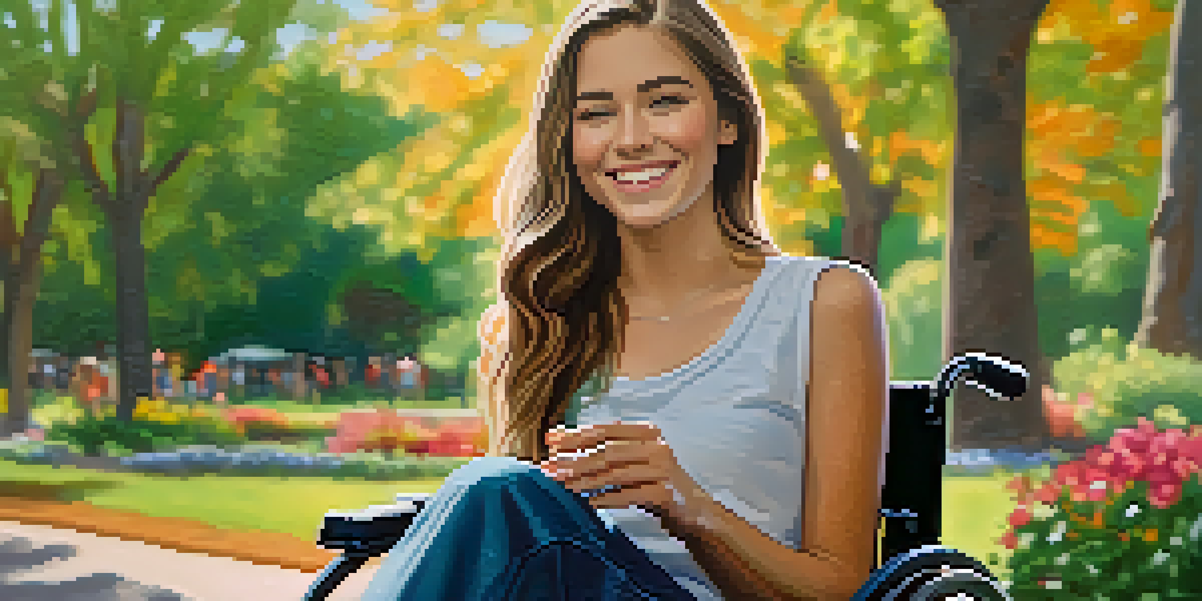 A young woman in a wheelchair smiles while holding a camera in a sunny park filled with flowers and trees.