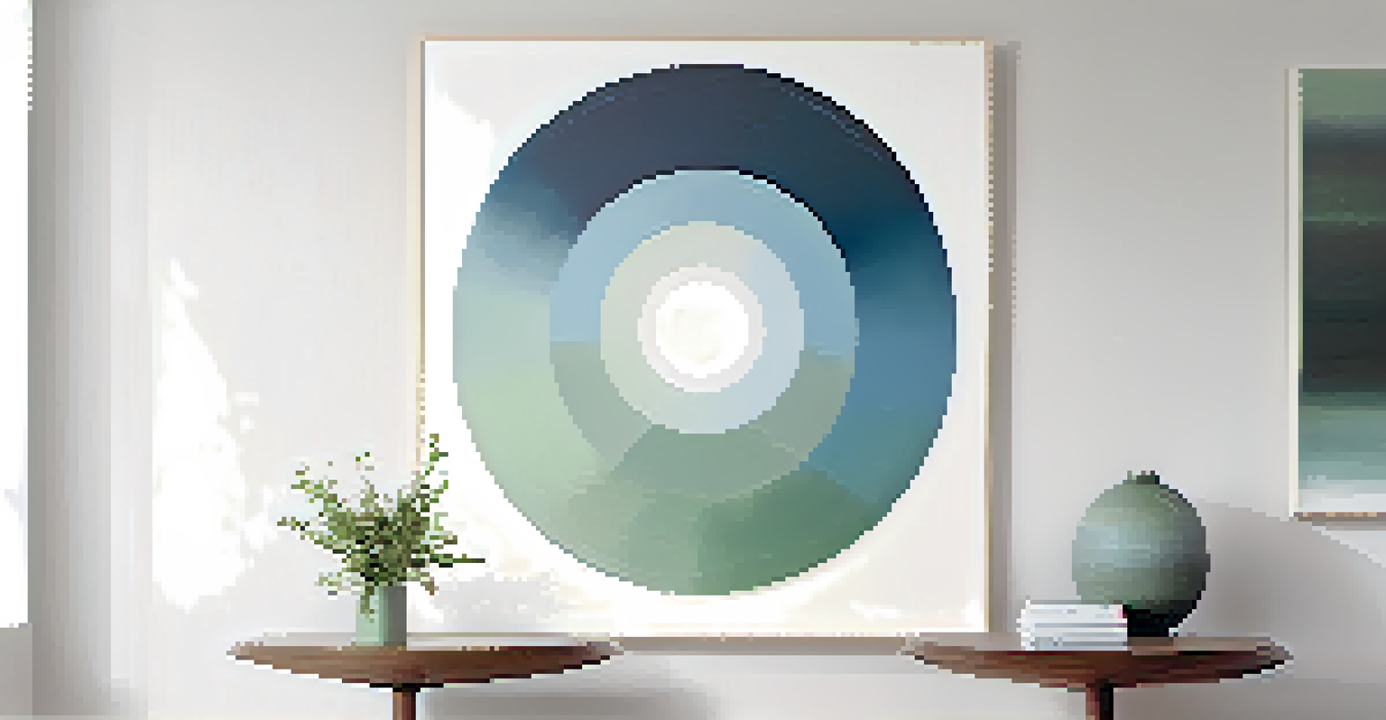 A minimalist abstract artwork with a central gradient circle in calming blues and greens, surrounded by soft gray and white brushstrokes.