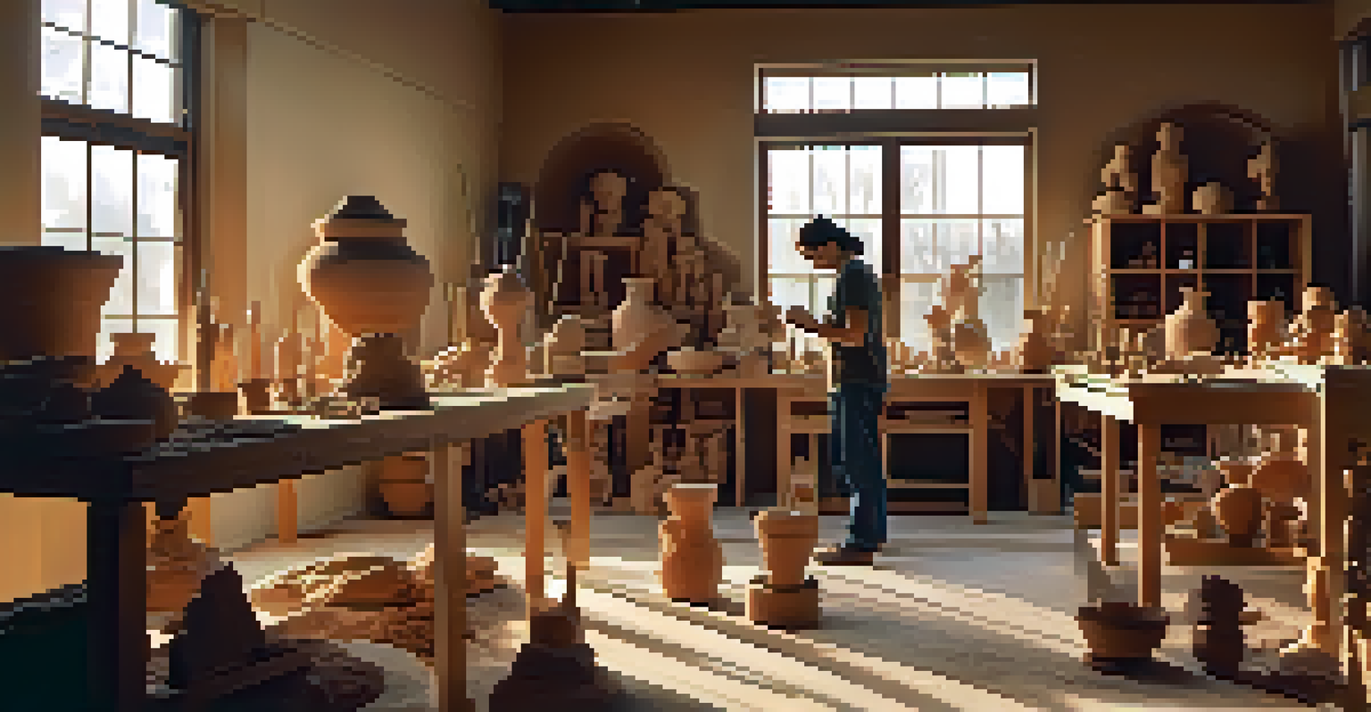 An artist sculpting clay in a bright studio, surrounded by tools and unfinished sculptures, highlighting creativity and focus.