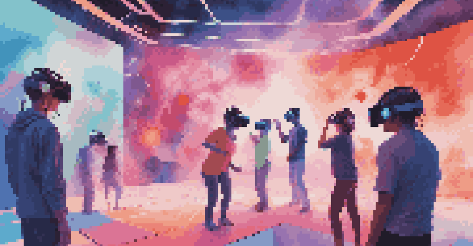 People in a VR environment interacting with floating digital art elements that produce sound.