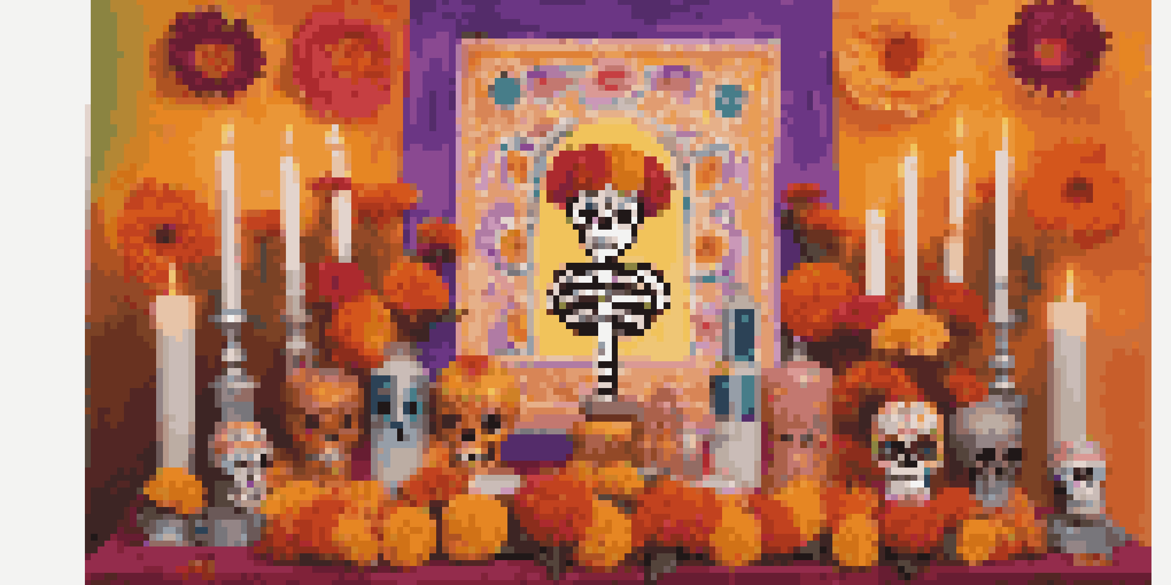 A colorful Día de los Muertos altar with marigolds, sugar skulls, and candles, illuminated softly.