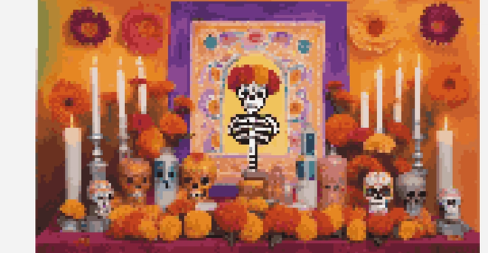 A colorful Día de los Muertos altar with marigolds, sugar skulls, and candles, illuminated softly.