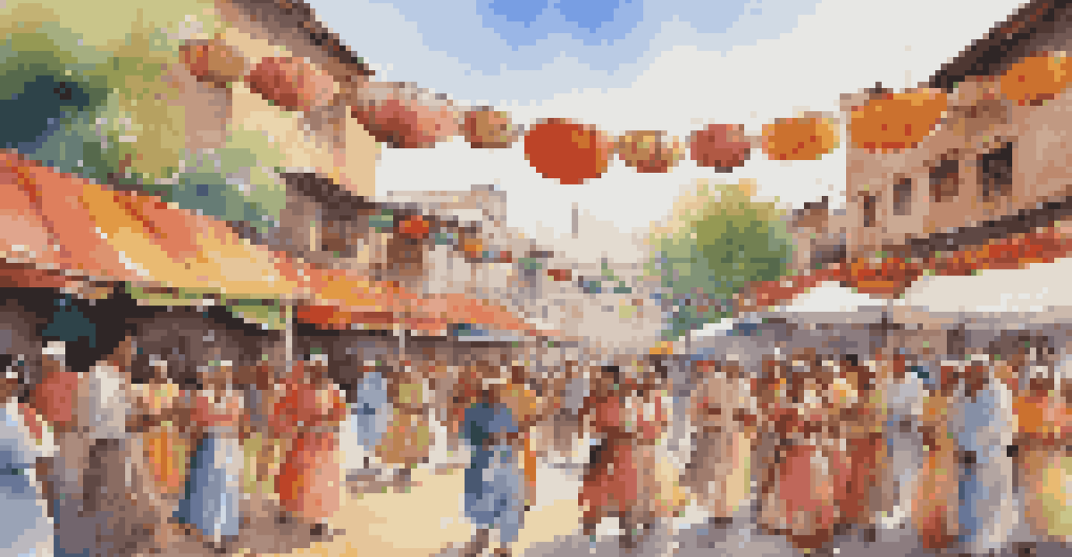 A vibrant cultural festival with diverse people enjoying traditional music and dance, set against a backdrop of colorful decorations and food stalls.