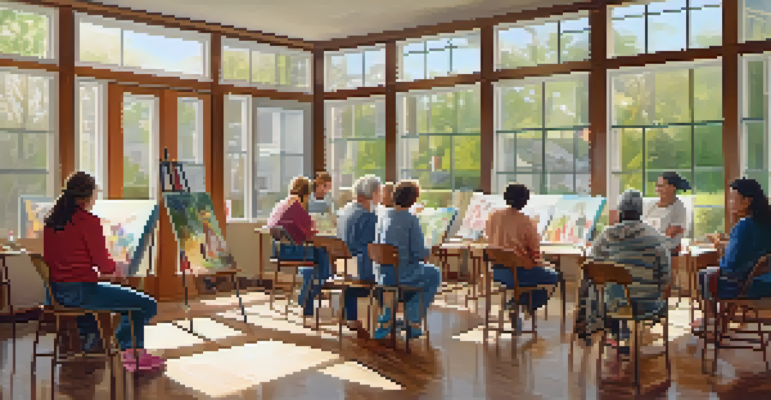 A diverse group of individuals participating in an art therapy session in a bright community center, painting on canvases.
