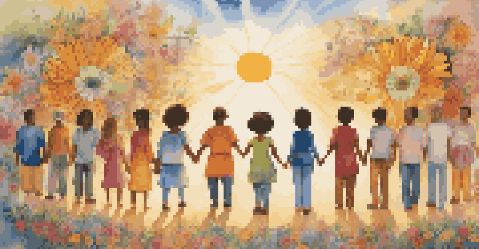 A colorful mural showing diverse individuals holding hands with flowers and peace symbols in an urban setting under golden sunlight.