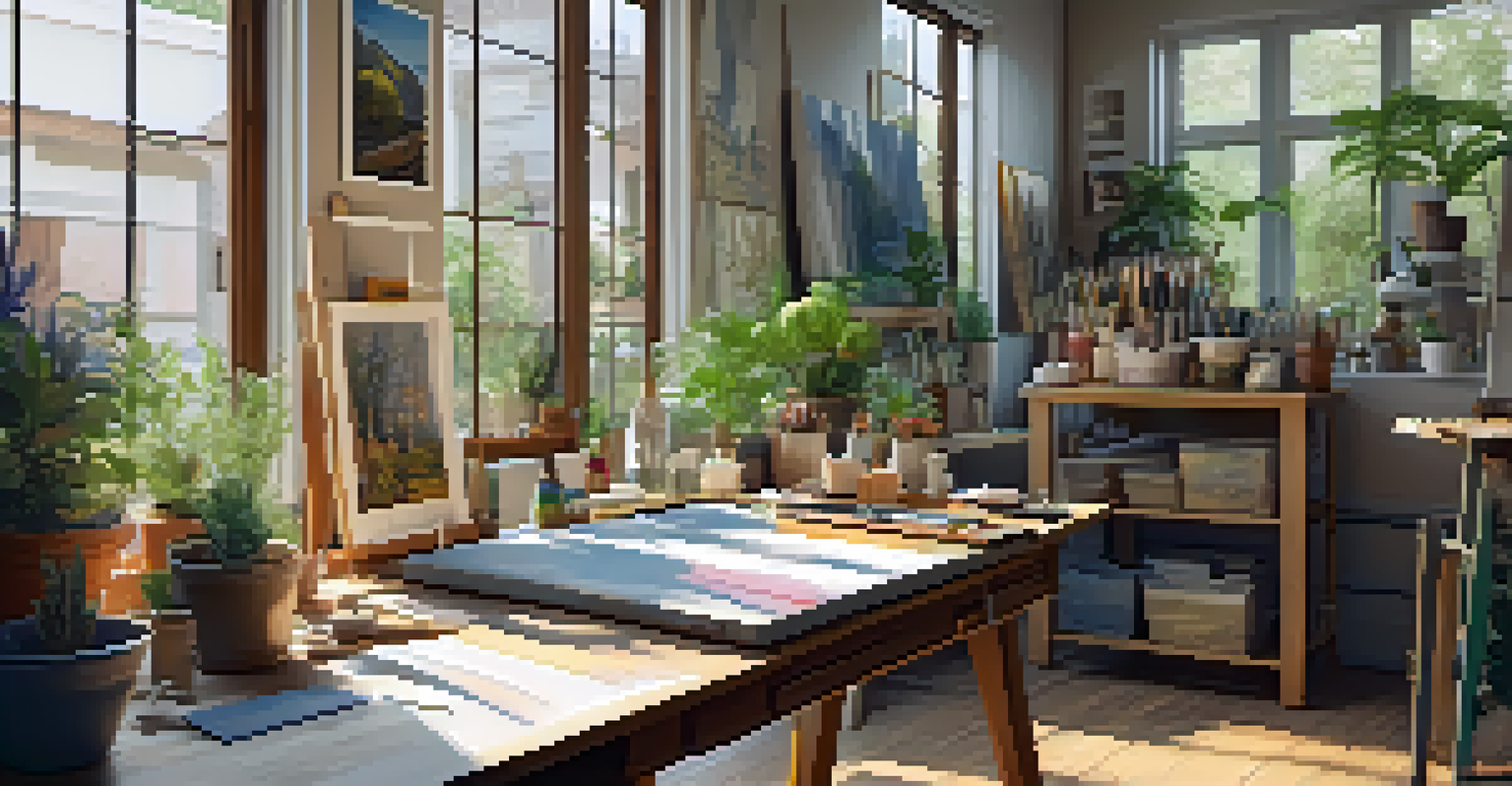 A bright and inviting art studio with canvases, supplies, and natural light, creating a creative atmosphere.