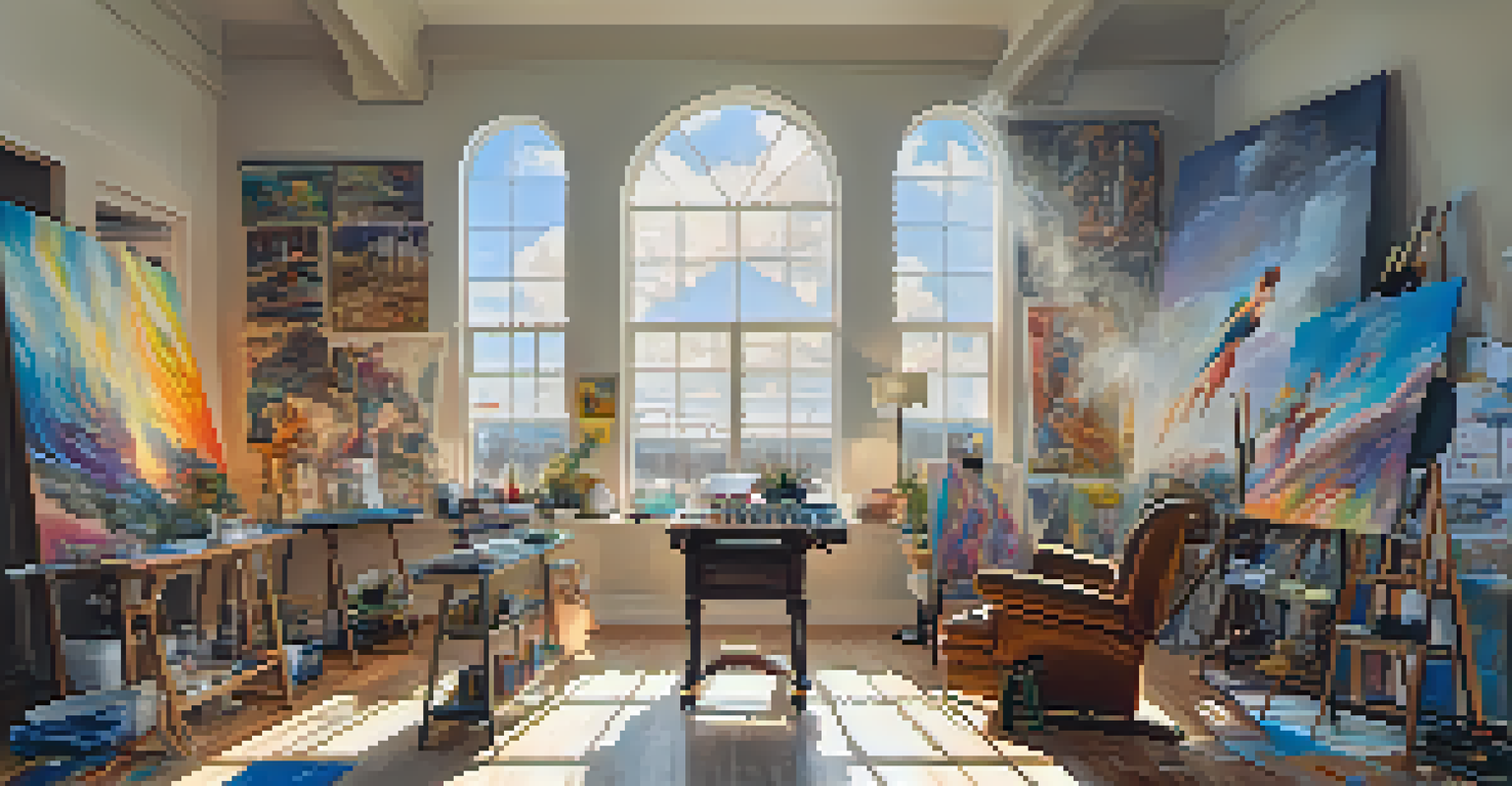 An artist's studio with a canvas of a reimagined mythological scene, surrounded by paint tubes and brushes.