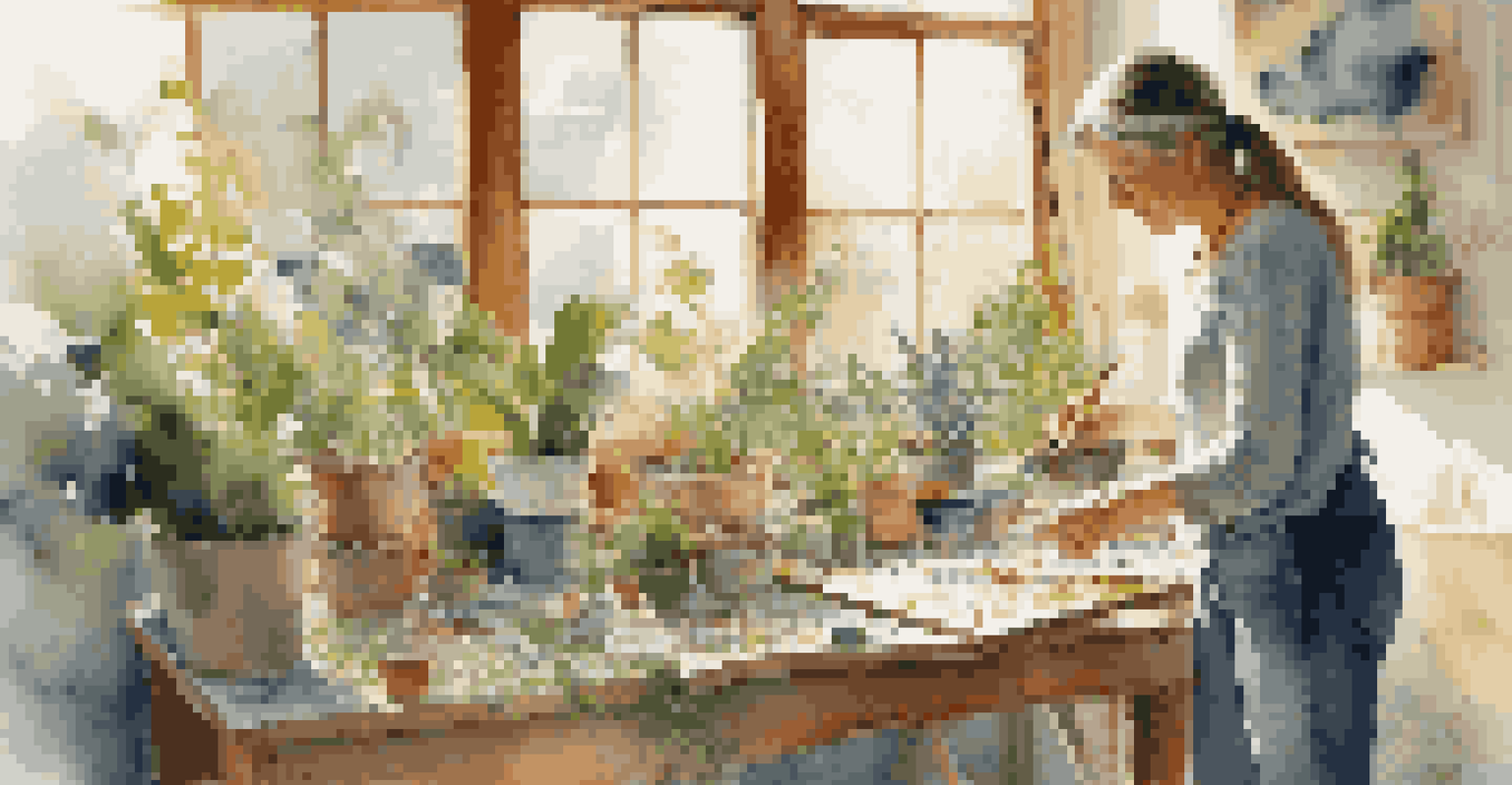 An artist working on eco-friendly art in a studio filled with plants and natural light.