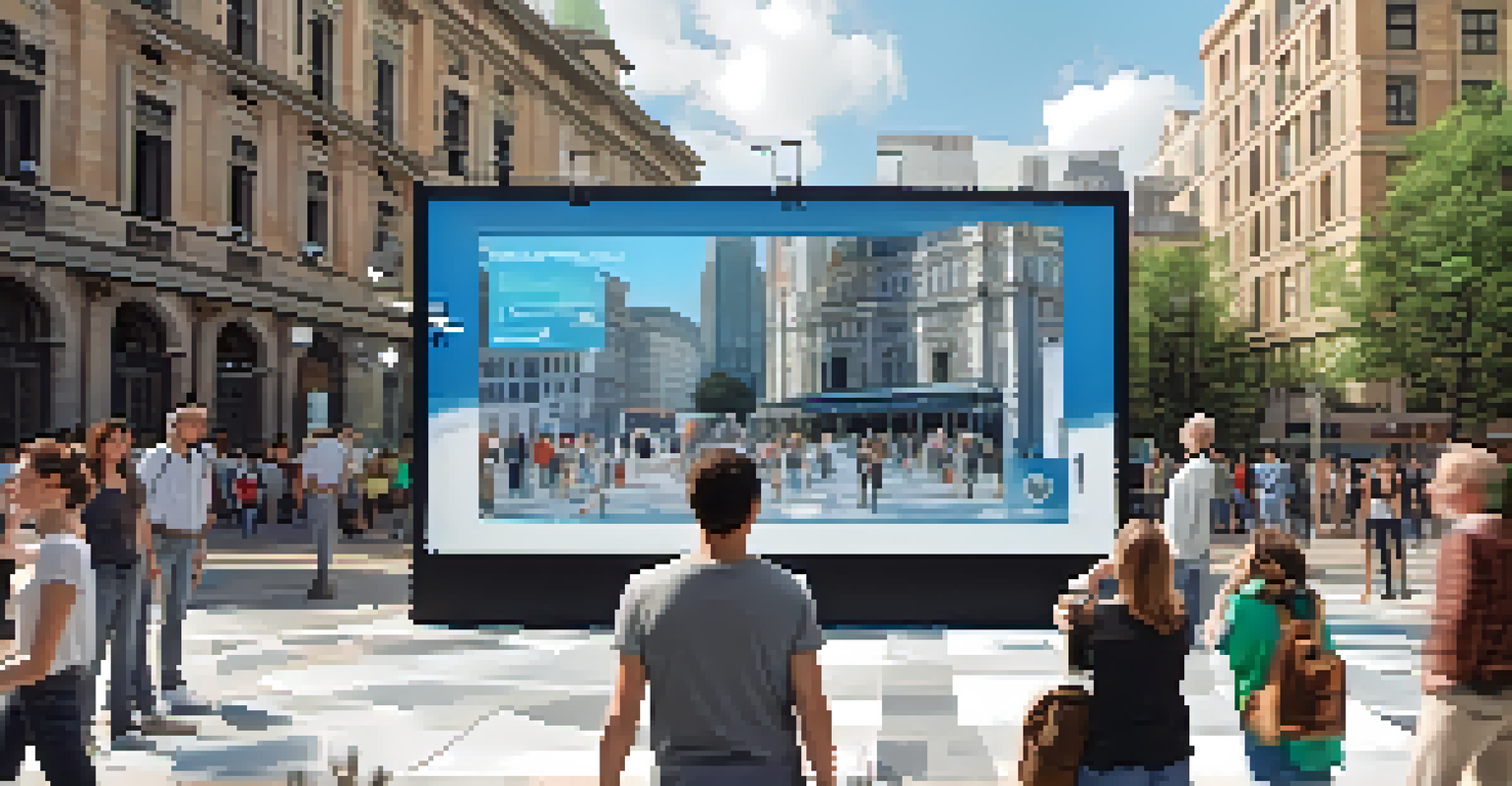 People interacting with a digital art installation in a lively city square, surrounded by contemporary buildings and technology.