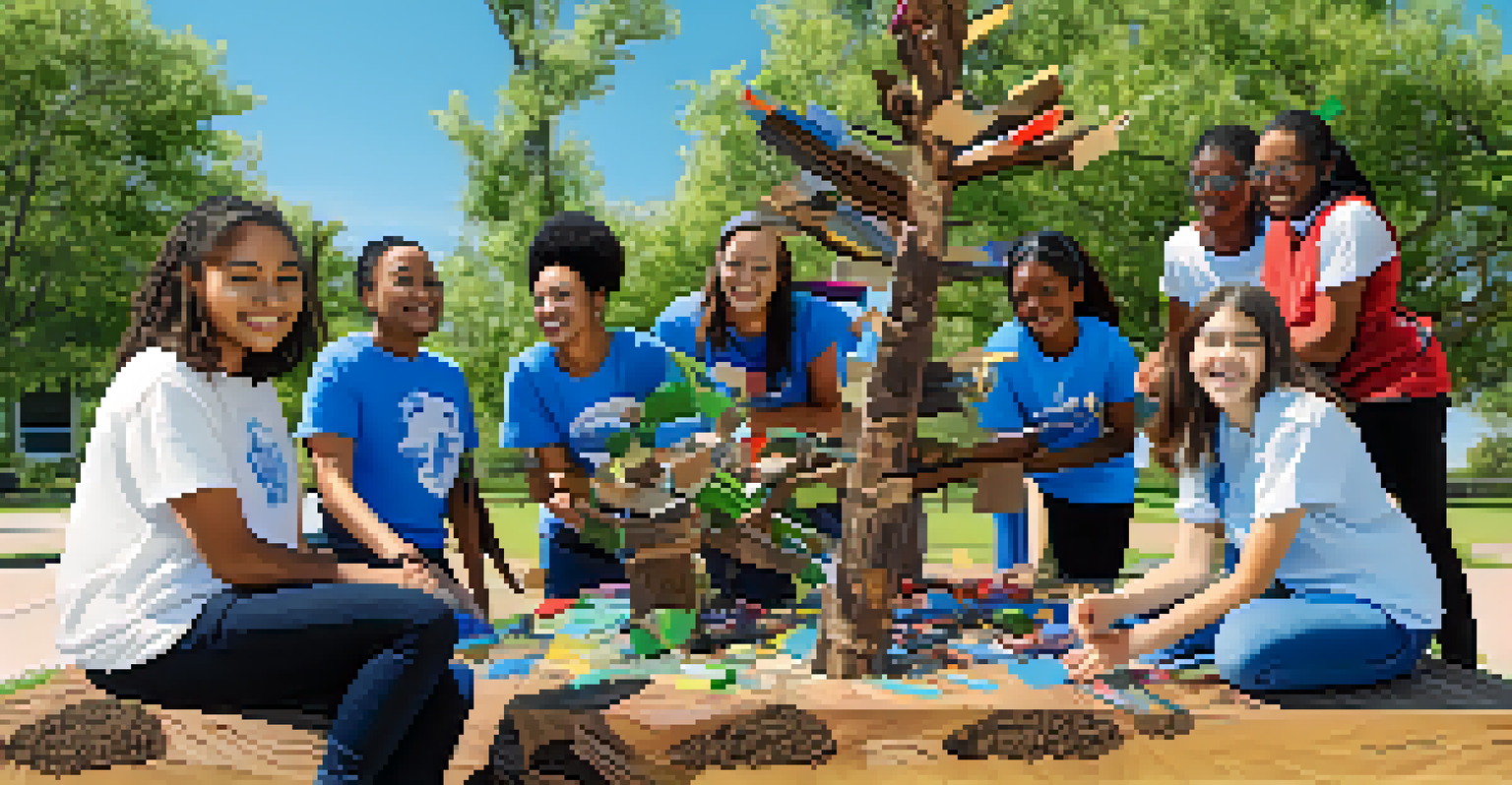 Students from diverse backgrounds collaboratively creating a sculpture from recycled materials in an outdoor setting.