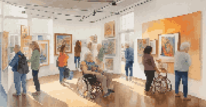 A bright and inviting art gallery with people admiring diverse artworks, highlighting the creativity of disabled artists, illuminated by natural light.