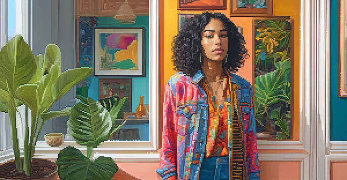 A person standing confidently in front of a mirror, showcasing their vibrant clothing in a cozy room with plants and artwork.