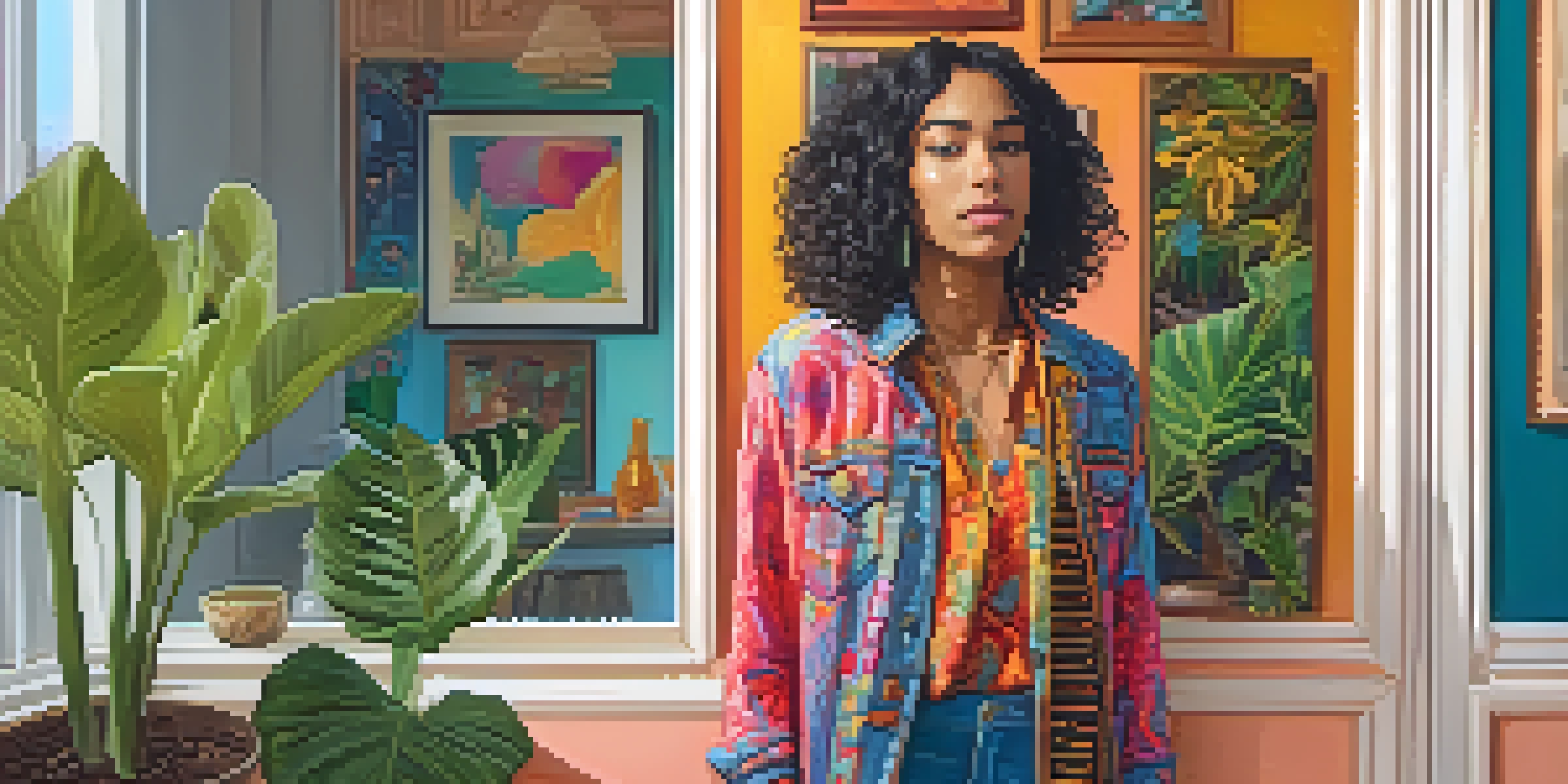 A person standing confidently in front of a mirror, showcasing their vibrant clothing in a cozy room with plants and artwork.
