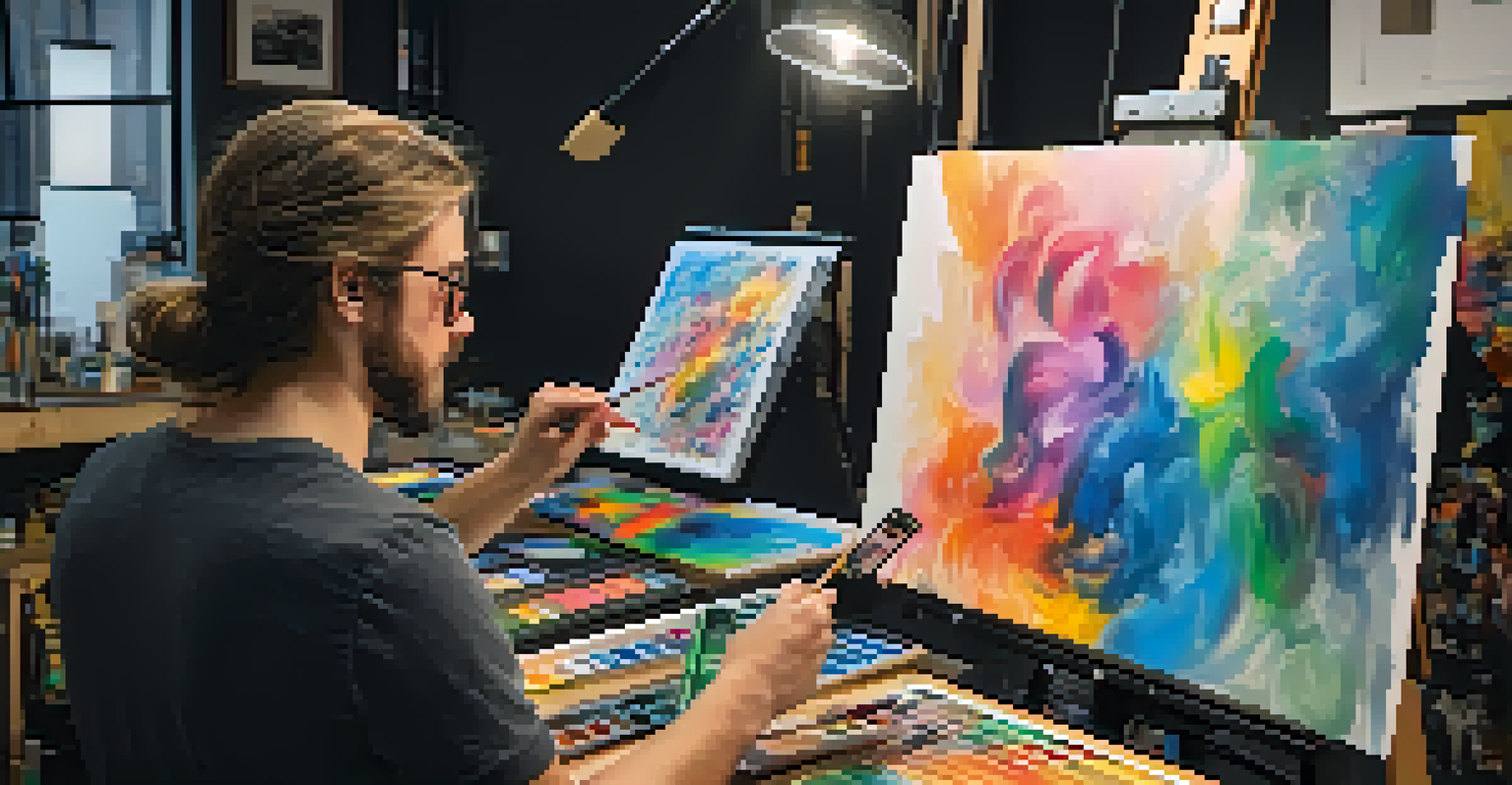 An artist in a creative studio, surrounded by colorful paints and digital screens, working on a piece that combines traditional art with augmented reality.