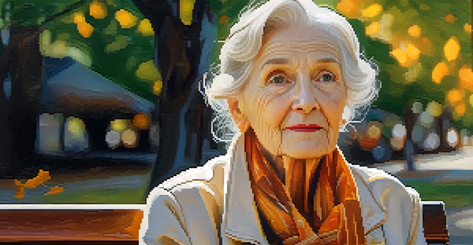 A close-up portrait of an elderly woman with wrinkles sitting on a park bench, illuminated by soft sunlight filtering through leaves.
