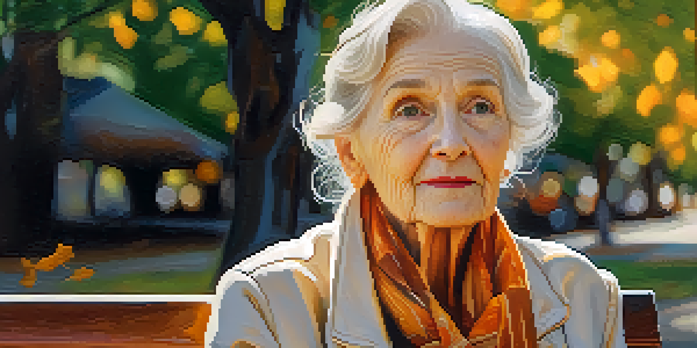 A close-up portrait of an elderly woman with wrinkles sitting on a park bench, illuminated by soft sunlight filtering through leaves.