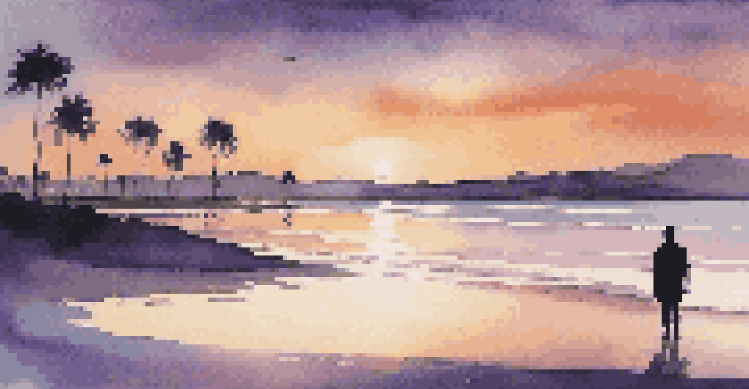 A tranquil beach at sunset with soft waves, vibrant sky colors, and a silhouette of a person standing by the water.