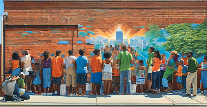 A colorful mural on a brick wall in an urban setting with diverse people admiring it.