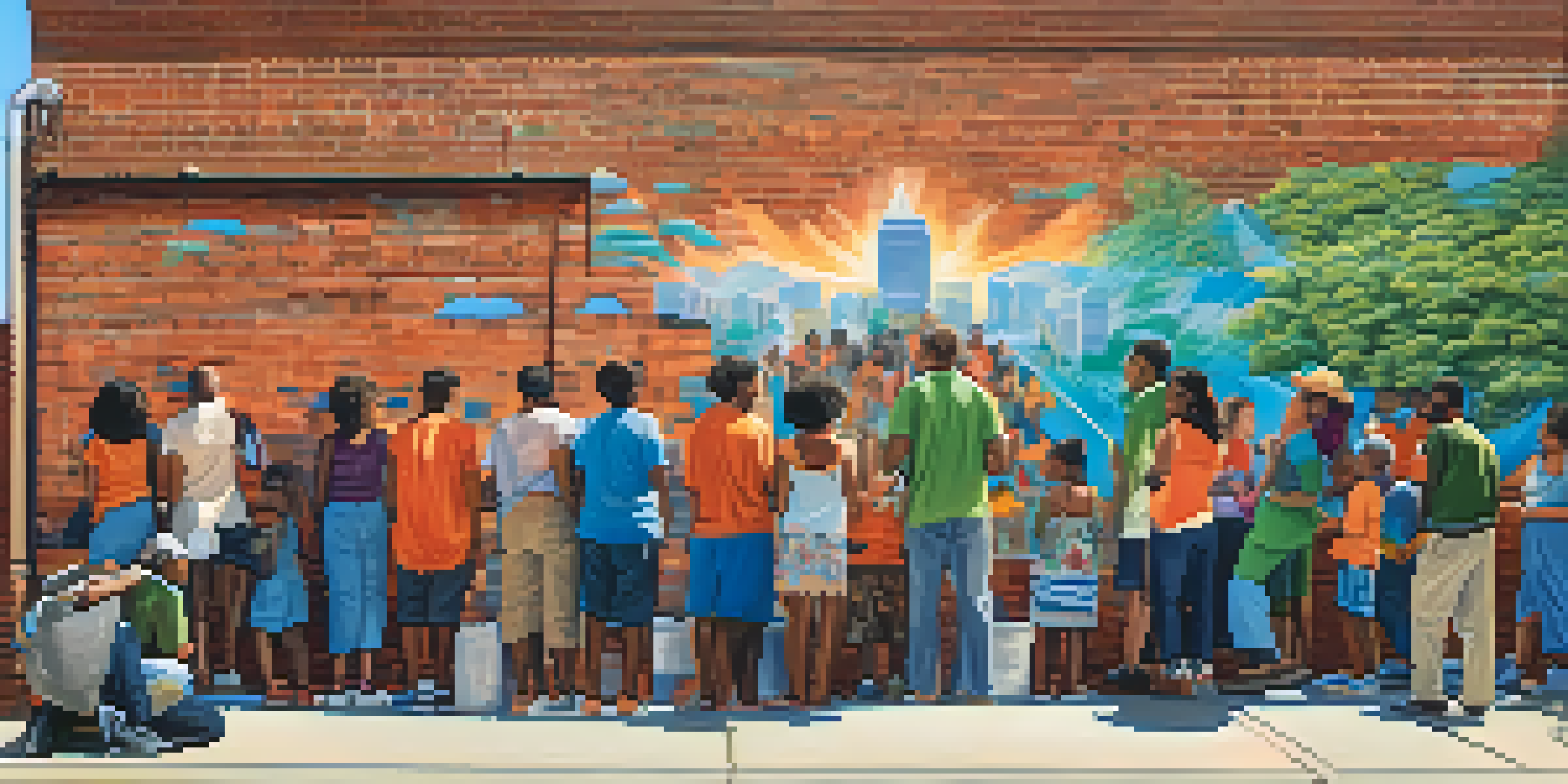 A colorful mural on a brick wall in an urban setting with diverse people admiring it.