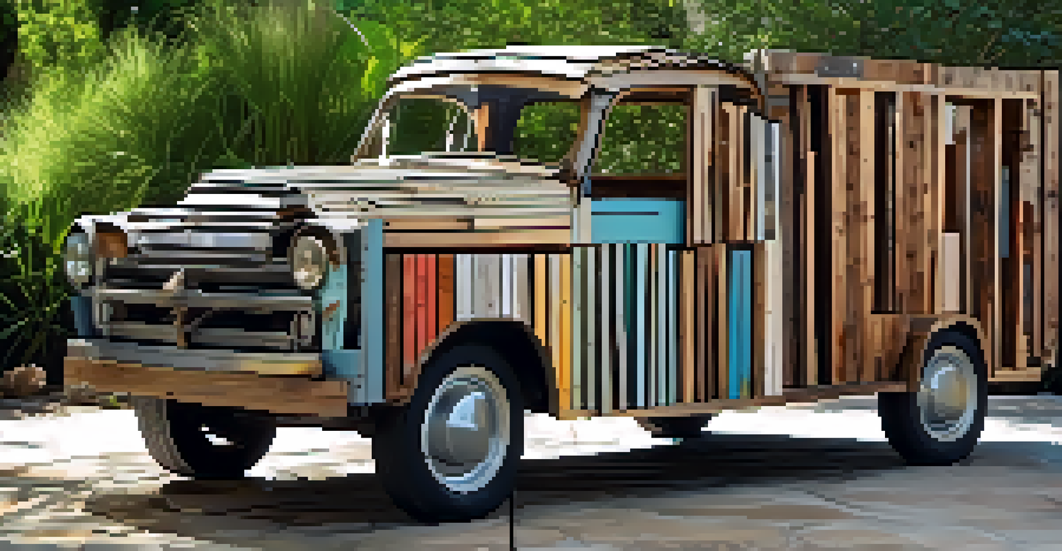 An outdoor sculpture made from upcycled materials, showcasing intricate details and surrounded by greenery.