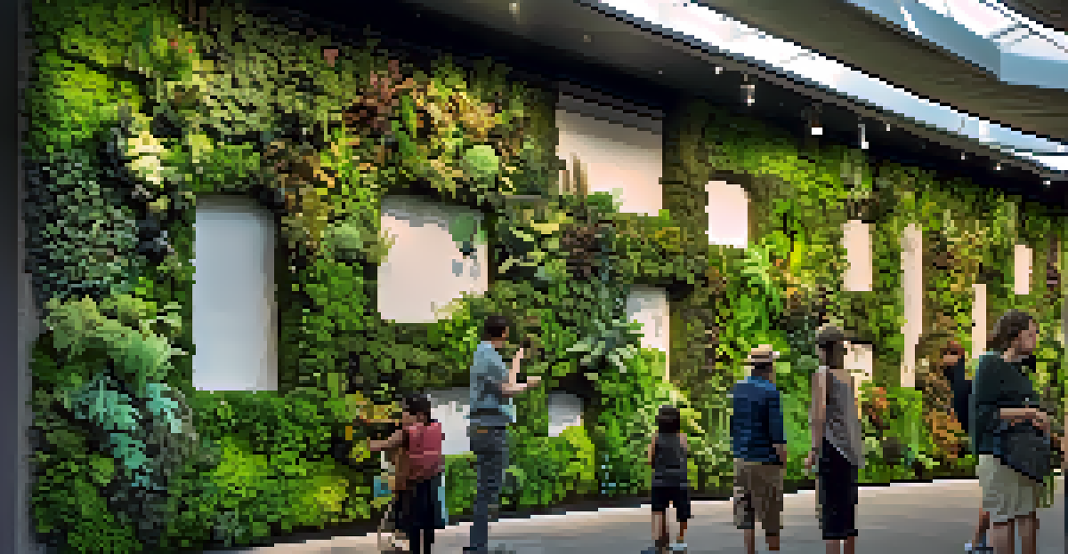 A living wall covered in plants and artistic designs, with sunlight shining through, and people admiring the eco-friendly installation.