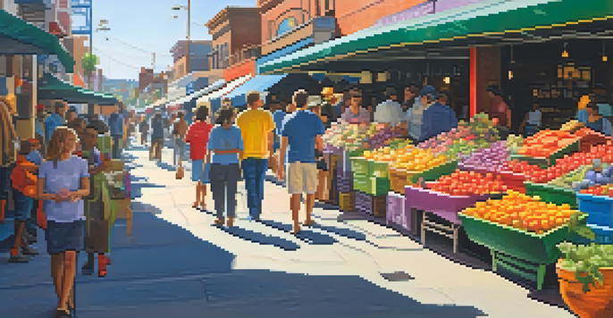 A lively market filled with colorful art installations and engaged shoppers, with sunlight creating playful shadows.
