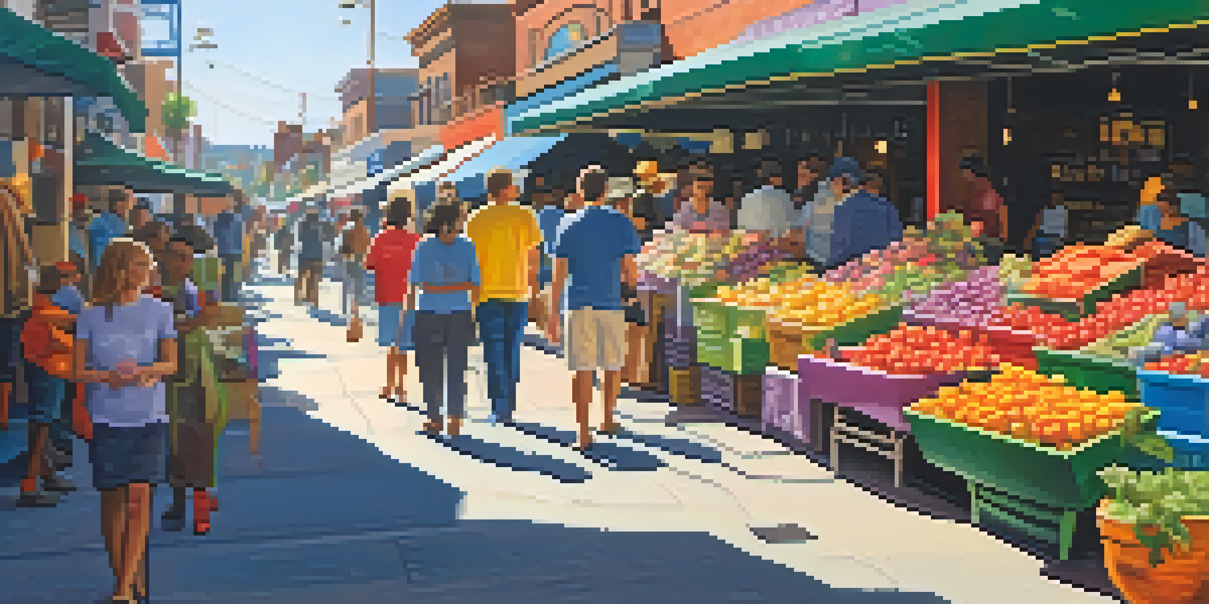 A lively market filled with colorful art installations and engaged shoppers, with sunlight creating playful shadows.