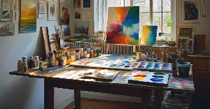 An artist's studio with unfinished canvases, colorful paint supplies, and sunlight illuminating the space.
