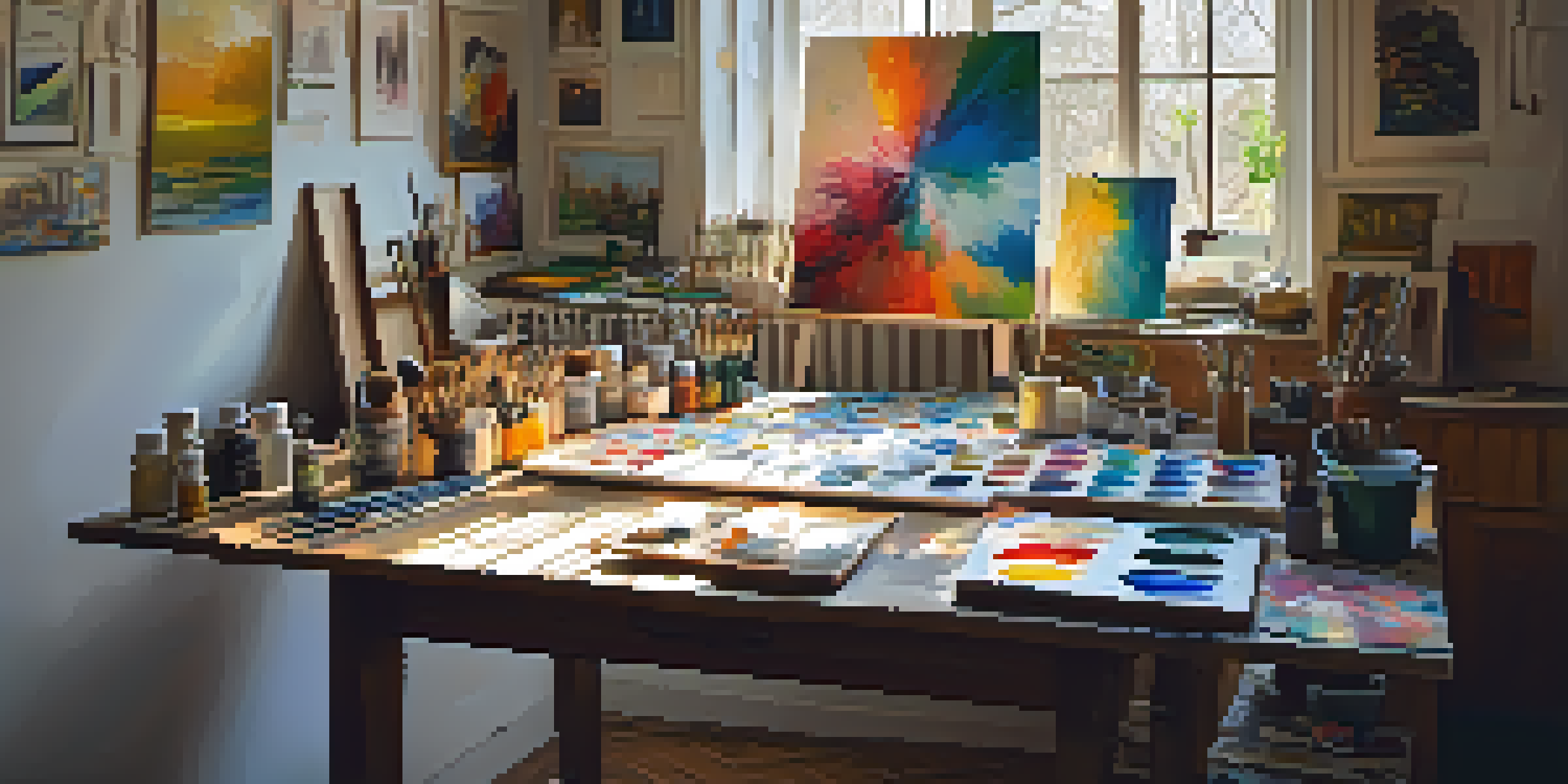 An artist's studio with unfinished canvases, colorful paint supplies, and sunlight illuminating the space.