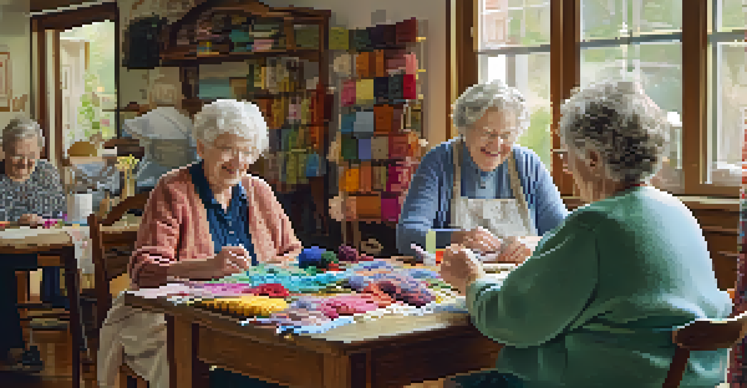 Elderly individuals engaged in a crafting session, knitting and scrapbooking in a cozy and colorful room.