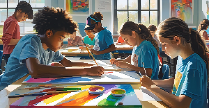 A lively classroom with students working on a collaborative art project, surrounded by colorful artwork and bright sunlight.