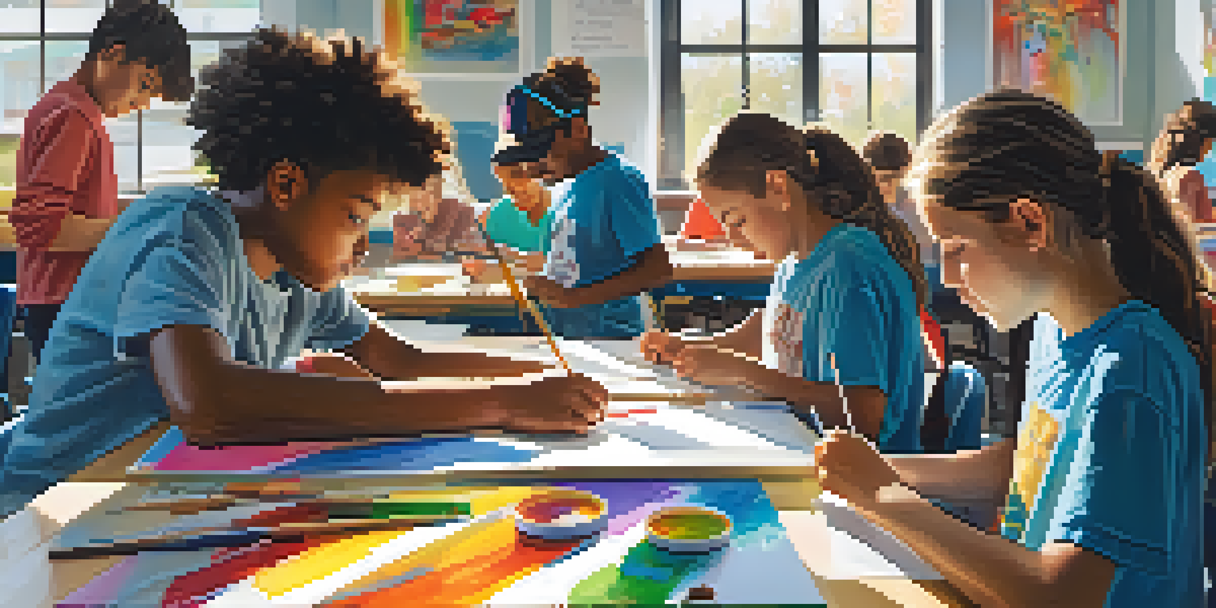 A lively classroom with students working on a collaborative art project, surrounded by colorful artwork and bright sunlight.