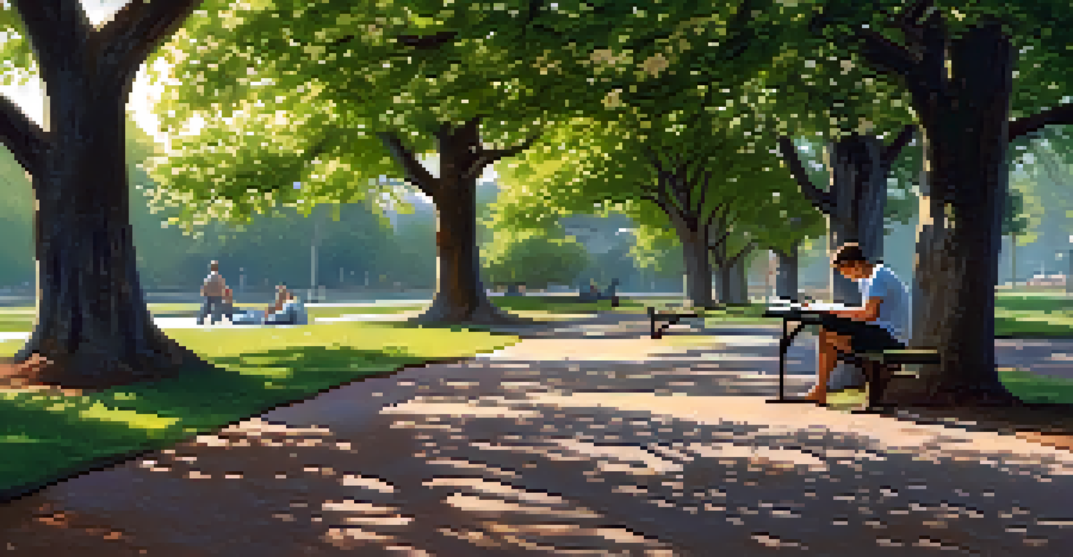 A person sitting on a bench under a tree, writing in a journal amidst blooming flowers in a peaceful outdoor setting.