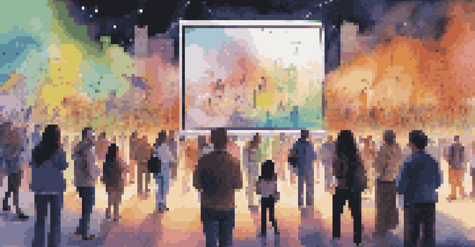 An interactive art installation with people engaging with digital screens to create art in an urban setting.