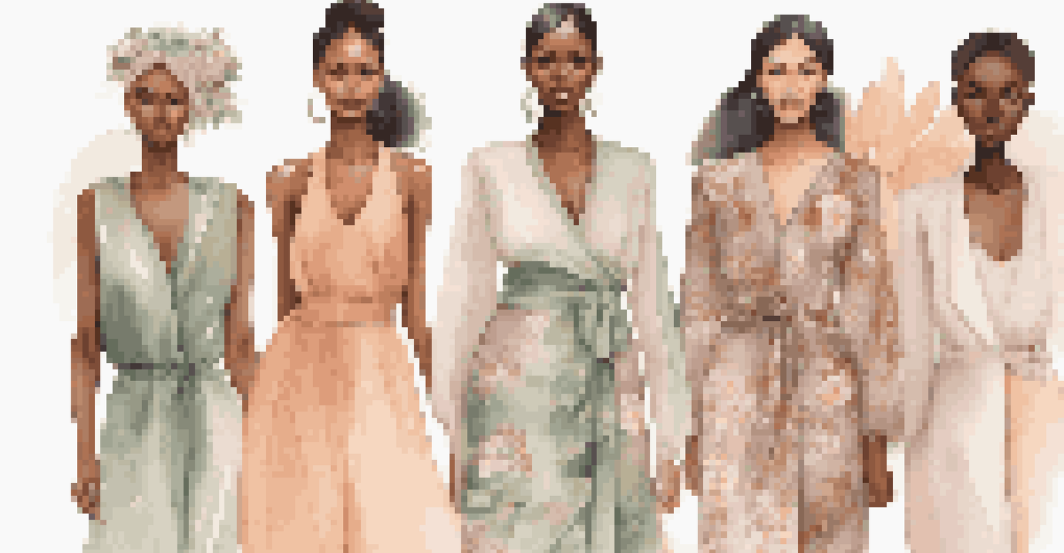 An elegant fashion illustration of diverse models wearing eco-friendly clothing against a pastel floral background.