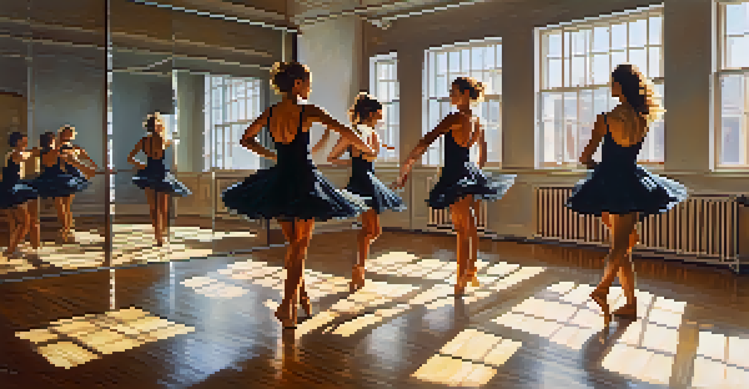 A group of dancers in a studio expressing themselves through improvisation with warm lighting and mirrors.