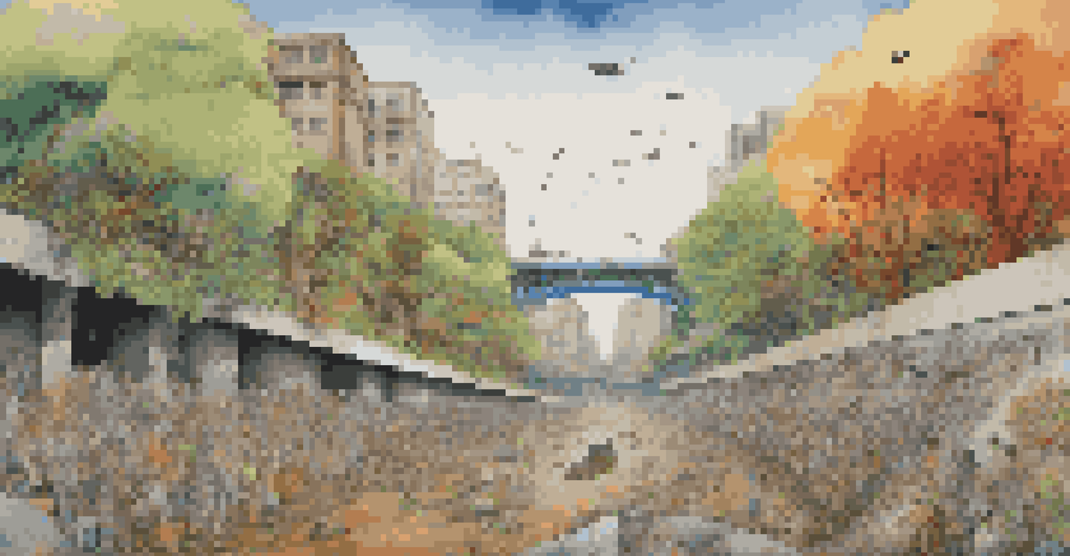 A mural illustrating the contrast between a thriving natural environment and pollution, with people reflecting on the scene.