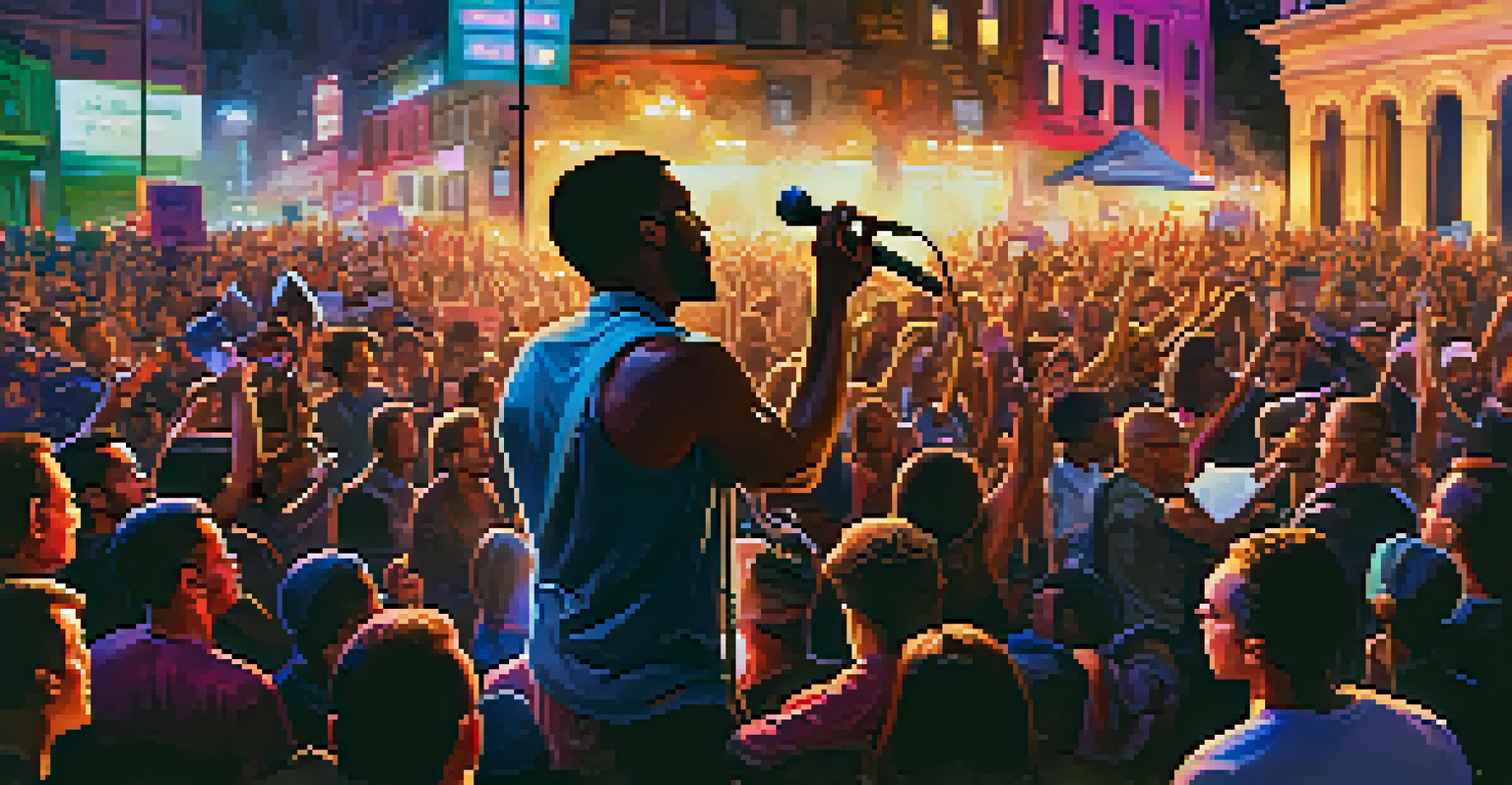 A musician performing at a protest, surrounded by an engaged crowd holding signs, with colorful stage lights illuminating the scene.