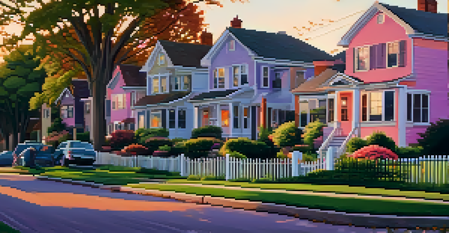 A picturesque suburban street at sunset, with warm colors in the sky and homes lining the road, creating a nostalgic atmosphere.