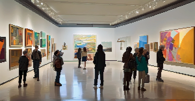An art gallery featuring contemporary art with diverse visitors discussing and observing the artworks under warm natural light.