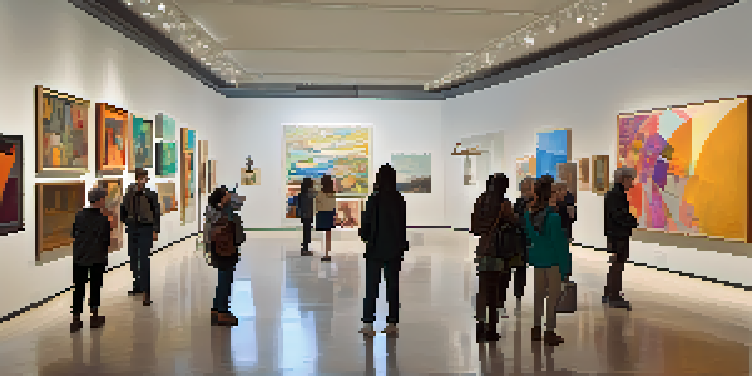 An art gallery featuring contemporary art with diverse visitors discussing and observing the artworks under warm natural light.